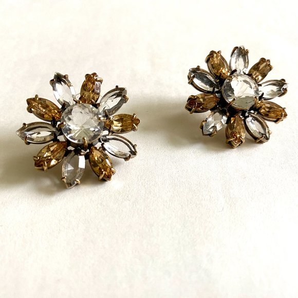 Vintage Large Floral Statement Stud Earrings with Transparent and Amber Petals - Picture 2 of 8